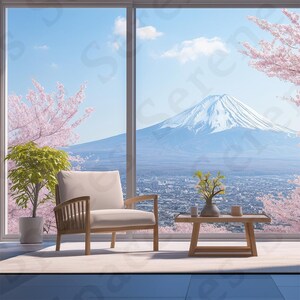Puede incluir: Una escena interior serena con vista al monte Fuji. Un sillón de color claro se encuentra cerca de una gran ventana, con una pequeña mesa de madera que sostiene un jarrón y tazas. Los cerezos en flor enmarcan la vista de la montaña, con una planta en maceta a la izquierda.