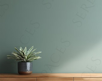 May include: A houseplant with green and white striped leaves in a dark grey pot with a brown base. It is placed on a wooden surface with three drawers. The background is a muted green wall. The scene evokes a sense of calm.