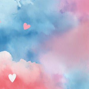 May include: Watercolor painting with a dreamy aesthetic. The artwork features a blend of blue, pink, and white hues, resembling clouds and sky. Scattered across the canvas are small, heart-shaped accents in pink and white, adding a touch of whimsy.