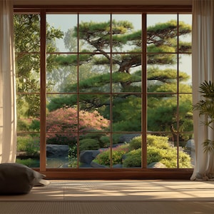 May include: A wooden framed window offering a view of a verdant garden. The window is divided into panes, with sheer white curtains on either side. A large tree is the focal point, with other greenery and a pond visible in the distance.