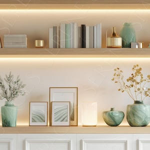 May include: A display of decorative items on wooden shelves. The shelves hold books, vases, candles, and framed artwork. The color palette includes shades of green, gold, and white, creating a serene and elegant aesthetic. The lighting highlights the items.
