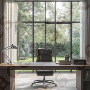 Puede incluir: Un espacio de oficina moderno con un gran escritorio de madera y una silla de cuero negro. También se ven una lámpara de escritorio plateada y una ventana con vistas a un exuberante jardín verde. La habitación tiene un diseño minimalista.
