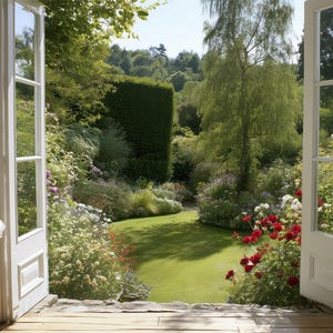 May include: White French doors open to a lush garden with a green lawn, vibrant red roses, and tall trees. A wooden floor leads to the outdoor space, while a vase of light pink peonies sits on a small wooden table inside the room near the doorway.
