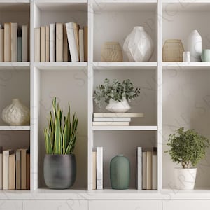 May include: A white bookshelf with various decorative items. It features books, vases, and potted plants. The vases are in white, beige, and green. The plants include a snake plant and a small tree. The overall aesthetic is modern and minimalist.