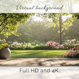 May include: A virtual background image featuring a lush green lawn with a wooden deck in the foreground. The background shows a sunny garden with trees and pink flowers.