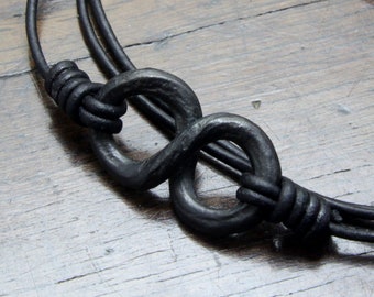 Iron Infinity Bracelet, hand forged pure iron adjustable wrapped leather bracelet that can alse be worn as a necklace.