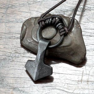 Small Ringed Forged Iron Viking Thors Hammer Necklace, Mjolnir Pendant.