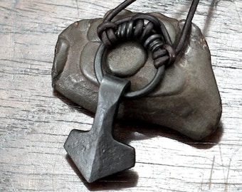Small Ringed Forged Iron Viking Thors Hammer Necklace, Mjolnir Pendant.