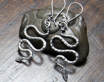 Silver snake earrings, hand forged Sterling silver drop earrings