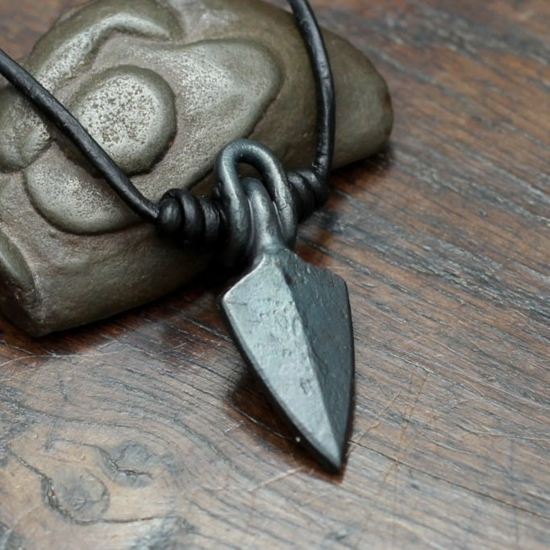 Viking Arrow Head Pendant Necklace. Hand forged pure iron arrow head formed into a pendant. As it is