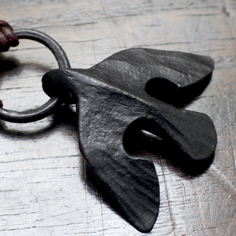 Black Iron Raven Pendant. Hand forged flying raven/crow pendant on adjustable leather necklace. Made out of pure iron. Gift ready. image 1