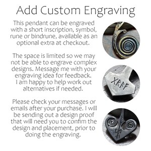 May include: A metal pendant featuring a spiral design, a hammer-shaped pendant with engraved runes, and a dark heart-shaped pendant with a central bindrune. The text reads: Add Custom Engraving. This pendant can be engraved with a short inscription, symbol, rune or bindrune, available as an optional extra at checkout.