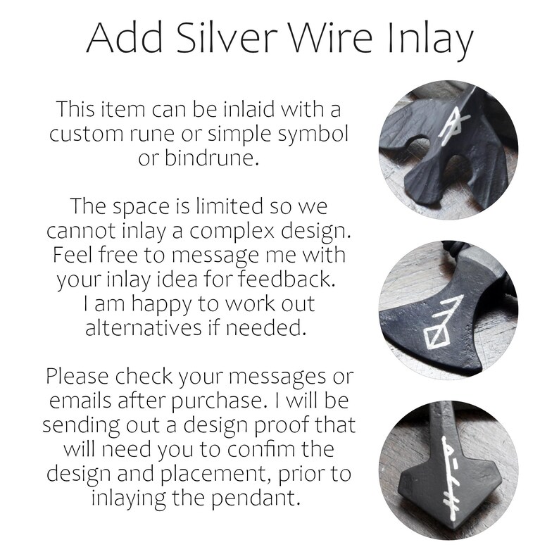 May include: A black metal pendant featuring a custom silver wire inlay. The text reads: Add Silver Wire Inlay. This item can be inlaid with a custom rune or simple symbol or bindrune. The space is limited so we cannot inlay a complex design.