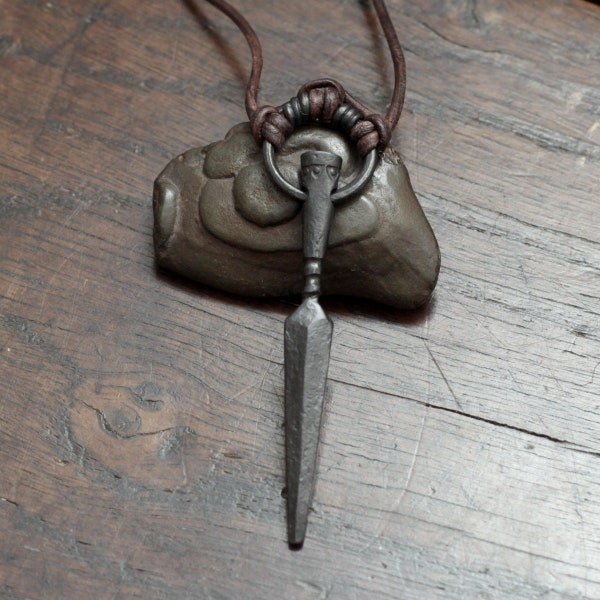 Odins Gungnir Spear pendant. Finely hand forged pure iron Viking, Norse style spear amulet on leather cord. Traditional oil & wax protected.