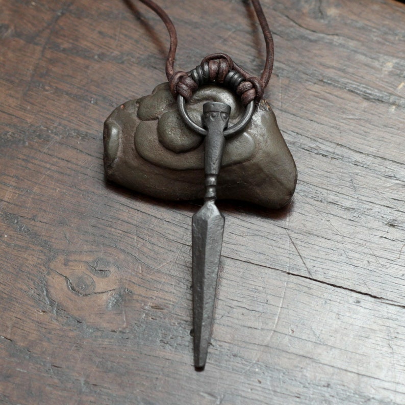 Odins Gungnir Spear pendant. Finely hand forged pure iron Viking, Norse style spear amulet on leather cord. Traditional oil & wax protected. image 1