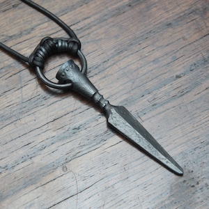 Detailed Hand Forged Pure Iron Spear Pendant, Viking Gungnir Amulet on an Adjustable Leather Necklace.