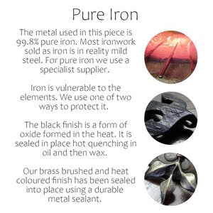 May include: An informational graphic titled Pure Iron detailing metal properties and finishes. It includes text about 99.8% pure iron, black oxide finishes, and brass brushed heat-colored finishes, alongside three circular images of metalwork.