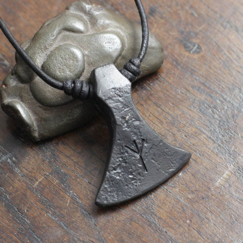 Custom Silver Inlaid Viking Axe Head Pendant. Forged pure iron, personalised with fine silver wire inlay. image 1