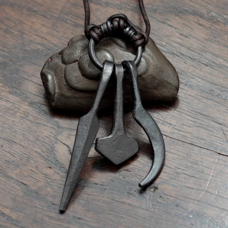 Odin, Thor and Freyr amulet ring pendant. Hand forged iron Gungnir, Thors Hammer Mjolnir and Freys Sickle, an adjustable leather necklace image 2