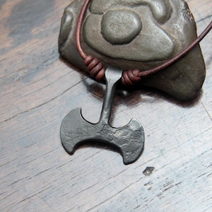 Small Iron Labrys Pendant, hand forged double axe pendant