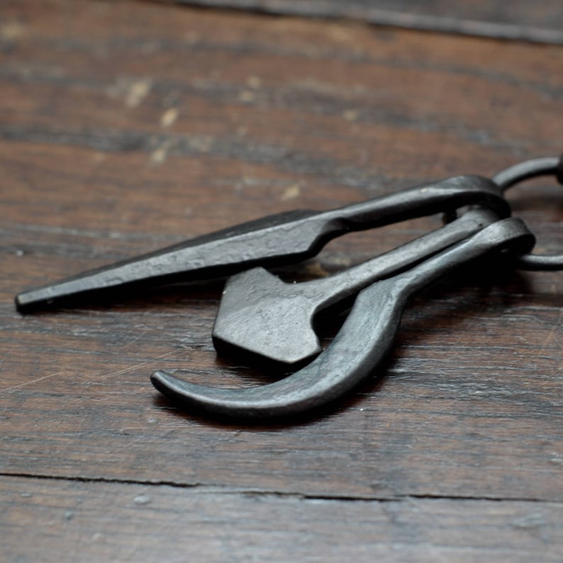 Odin, Thor and Freyr amulet ring pendant. Hand forged iron Gungnir, Thors Hammer Mjolnir and Freys Sickle, an adjustable leather necklace image 1