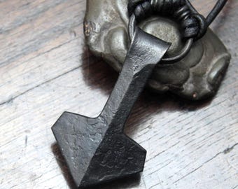 Hand Forged Iron Viking Thor's Hammer Pendant on an adjustable leather necklace