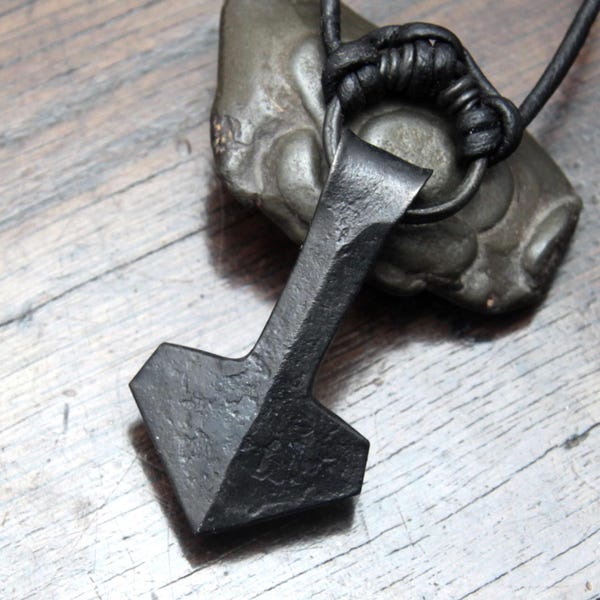 Hand Forged Iron Viking Thor's Hammer Pendant on an adjustable leather necklace