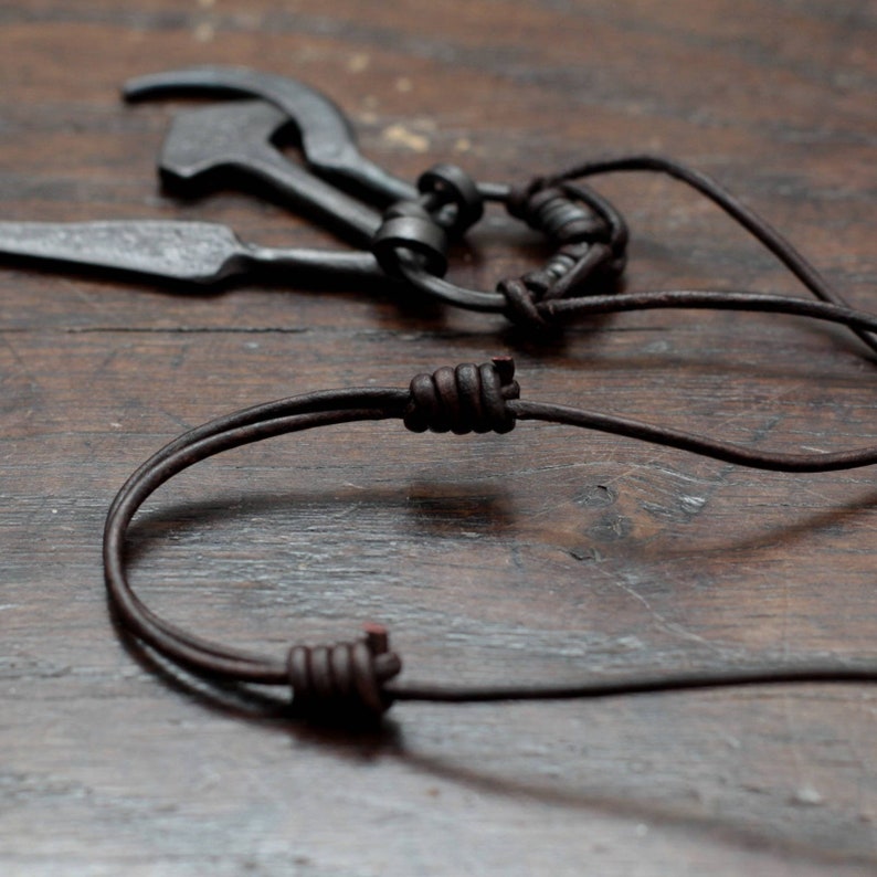 Odin, Thor and Freyr amulet ring pendant. Hand forged iron Gungnir, Thors Hammer Mjolnir and Freys Sickle, an adjustable leather necklace image 4