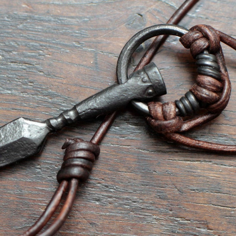 Odins Gungnir Spear pendant. Finely hand forged pure iron Viking, Norse style spear amulet on leather cord. Traditional oil & wax protected. image 2