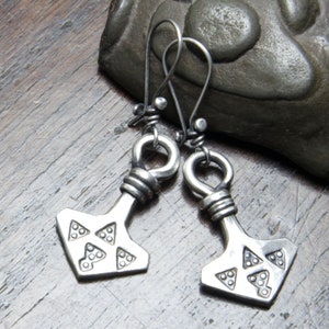 Silver Thor&#39;s hammer earrings, solid hot forged Sterling Silver Mjolnir drop Earrings