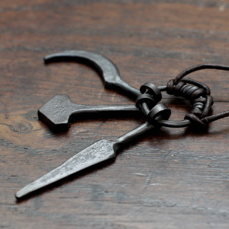 Odin, Thor and Freyr amulet ring pendant. Hand forged iron Gungnir, Thors Hammer Mjolnir and Freys Sickle, an adjustable leather necklace image 3