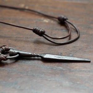 Odins Gungnir Spear pendant. Finely hand forged pure iron Viking, Norse style spear amulet on leather cord. Traditional oil & wax protected. image 3