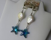 Starfish Earrings, Coin Pearl Earrings, Beach Wedding, Blue Crystal Starfish Teal Green Blue Starfish Sterling Silver, Genuine Swarovski