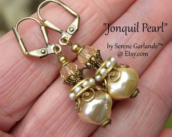 Tudor Pearl Earrings with Yellow Crystal Swarovski, Art Deco Seed Pearl Drop Dangles, Edwardian Marie Antoinette