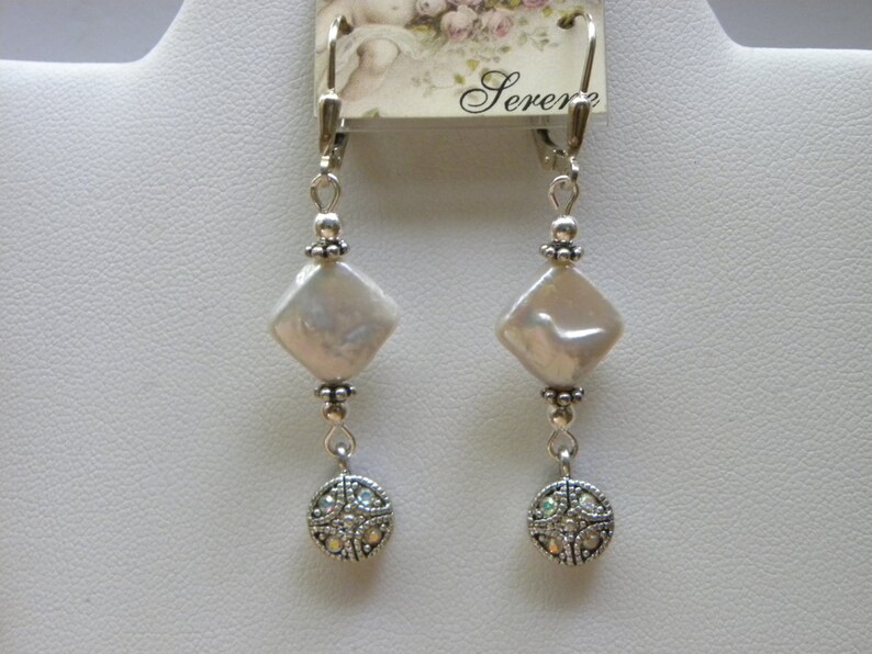 Pearl Sterling Silver Dangles Bridal Beach Wedding Earrings White Diamond Coin Pearl Earrings Coin Pearl Earrings Diamond Pearl Earrings