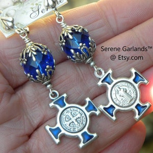 Cobalt Maltese Cross Earrings: Medieval Rosary Style