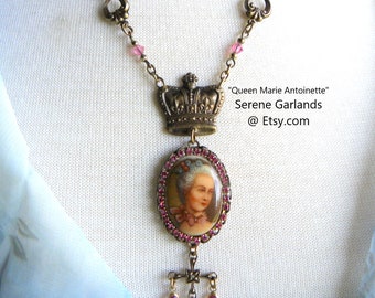 Tudor Marie Antoinette Necklace with Crown and Pink Crystals, Portrait Cameo, Renaissance Rococo Royal Crown, Queen of Versailles