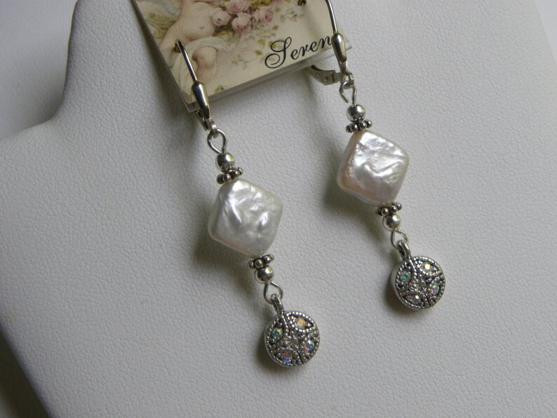 Pearl Sterling Silver Dangles Bridal Beach Wedding Earrings White Diamond Coin Pearl Earrings Coin Pearl Earrings Diamond Pearl Earrings