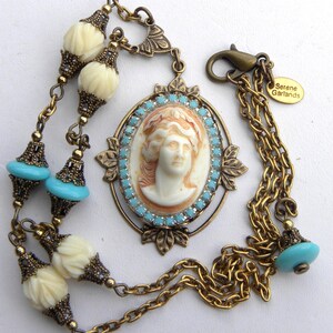 Cameo Necklace: Lady Portrait Bust, Turquoise Delft Blue, Carved Rosary Rosebuds, Beaded Victorian