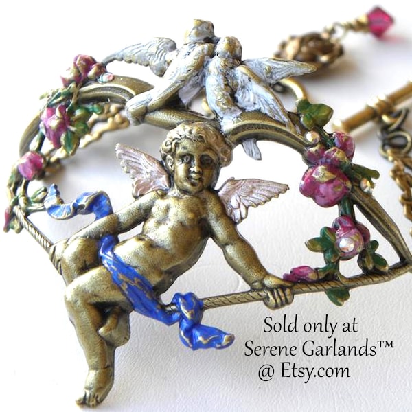 Cherub Angel Bracelet sitting on Cupid's bow wishbone with Victorian Valentine Kissing Love Bird White Doves and Pink Roses RARE Find