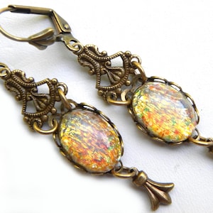 Fire Opal Glass Dangle Earrings: Golden Yellow Victorian Style