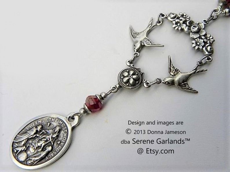 Religious Assemblage Rosary Necklace With Birds Roses and Red, Saint