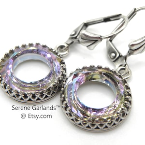 Round Hoop Crystal Earrings with Sterling Silver, Circle Cosmic Ring, 2 inches, Lilac Purple Blue Rainbow Color Dangles