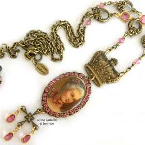 Marie Antoinette Necklace with Tudor Crown and Pink Crystals, Cosplay Portrait Cameo, Renaissance Rococo Royal Crown, Queen of Versailles