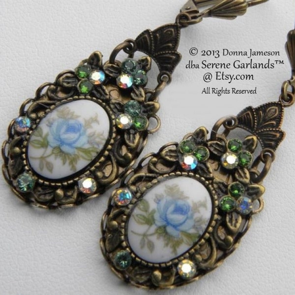 Blue Rose Cameo Earrings Marie Antoinette Elegant Rococo Edwardian Style, Long Rare Victorian Dangles