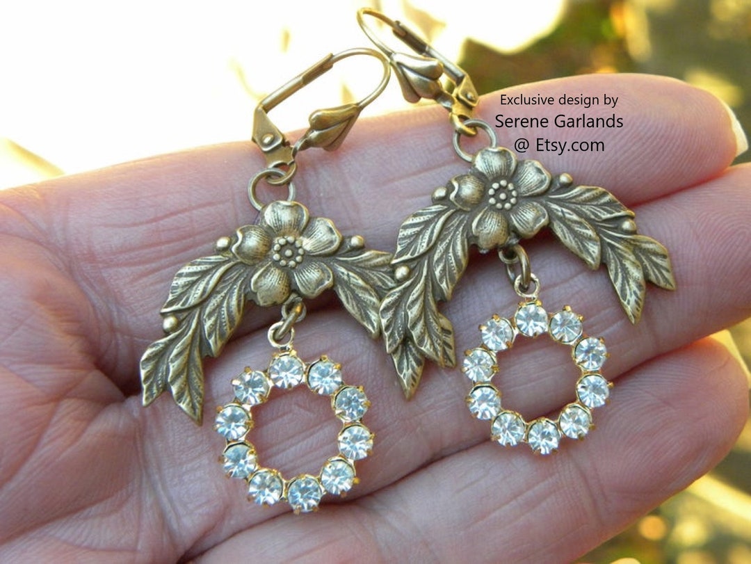 Rhinestone Hoop Earrings, Floral Swag Dangles, Victorian Christmas ...