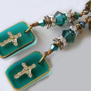 Emerald Green Cross Earrings: Vintage Bavarian Glass Crystal Rhinestones
