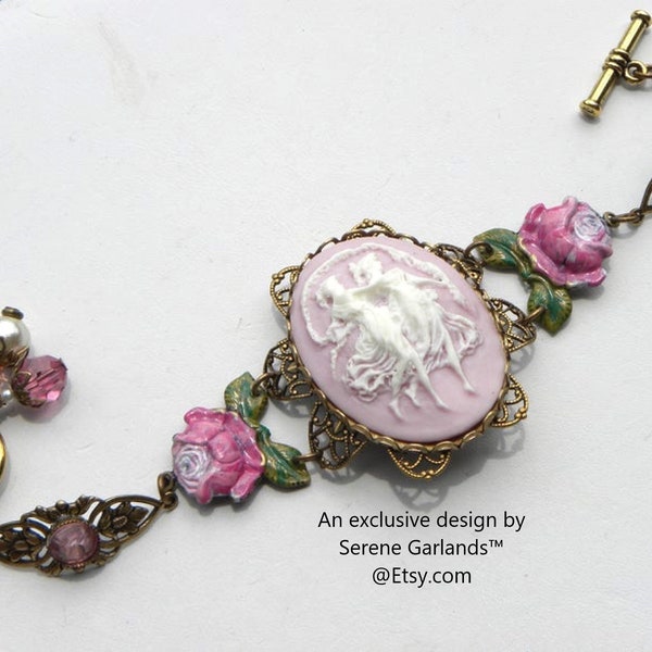 Muse Graces Cameo Bracelet with Pink Pastel Roses, Lady Cameo, Hand Painted Art Rose Cuff, Edwardian Handmade Jewelry