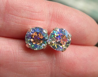 Aurora Borealis 8mm Crystal Stud Earrings, Genuine Swarovski, Gift for Wife