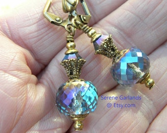 Genie Bottle Earrings in Vibrant Blue Peacock Colors, Sparkly Purple Lilac Aqua Teal, Shiny Long Yellow Glass Dangles